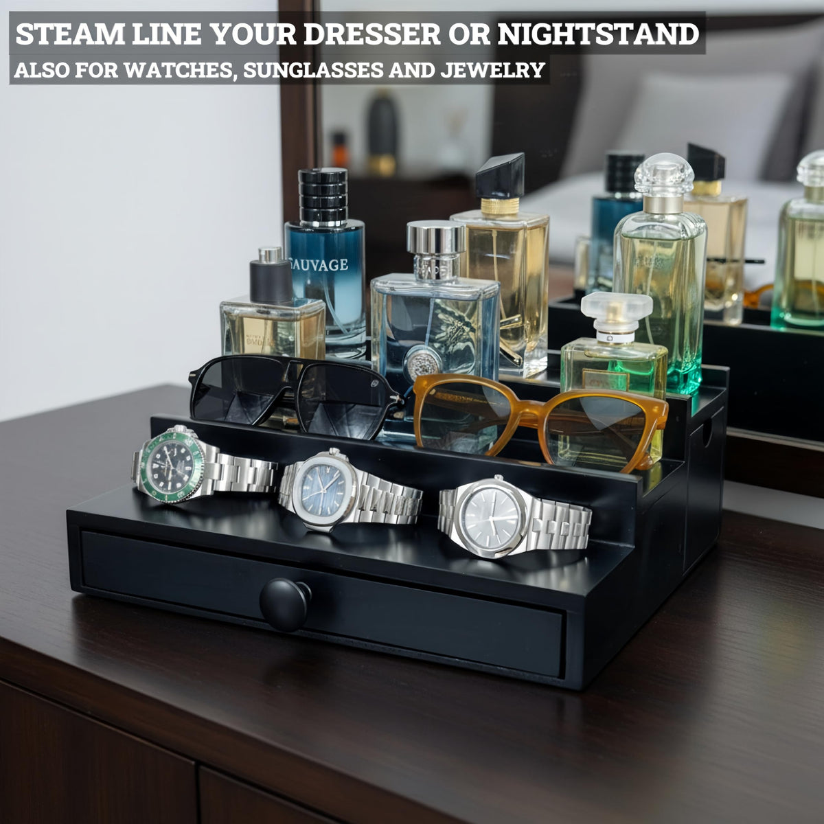 Compact three-tier design keeps daily grooming organized on a dresser.