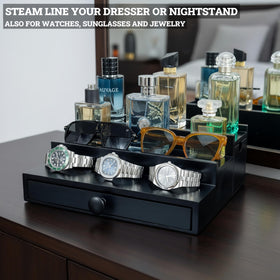 Compact three-tier design keeps daily grooming organized on a dresser.