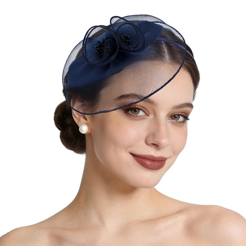 Semato Navy Blue Fascinator Hat with mesh and flower detail for elegant tea parties