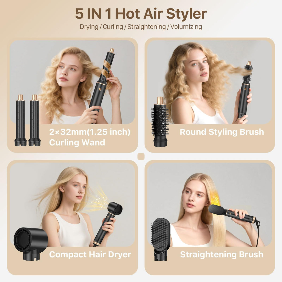Sendowtek attachments close-up for curling, straightening, and drying options