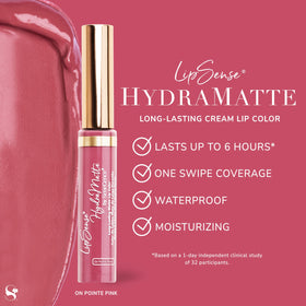 Cream-to-matte texture of LipSense HydraMatte On Pointe Pink for bold color without gloss