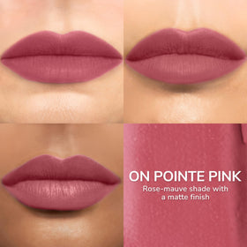 Waterproof LipSense HydraMatte On Pointe Pink finish resists smudges through meals