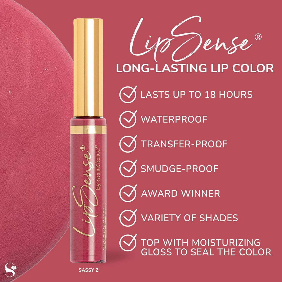 SeneGence LipSense shimmer finish swatch with subtle glow on lips.