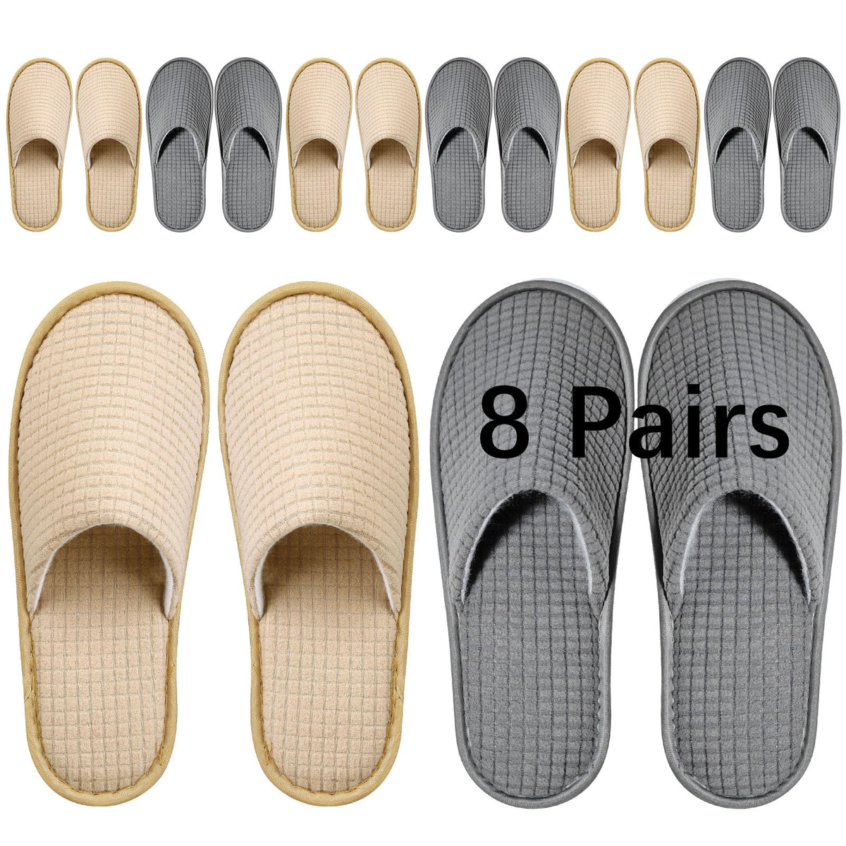 SENJUNSAFE guest slippers front view, eight-pair set for hotel guests.