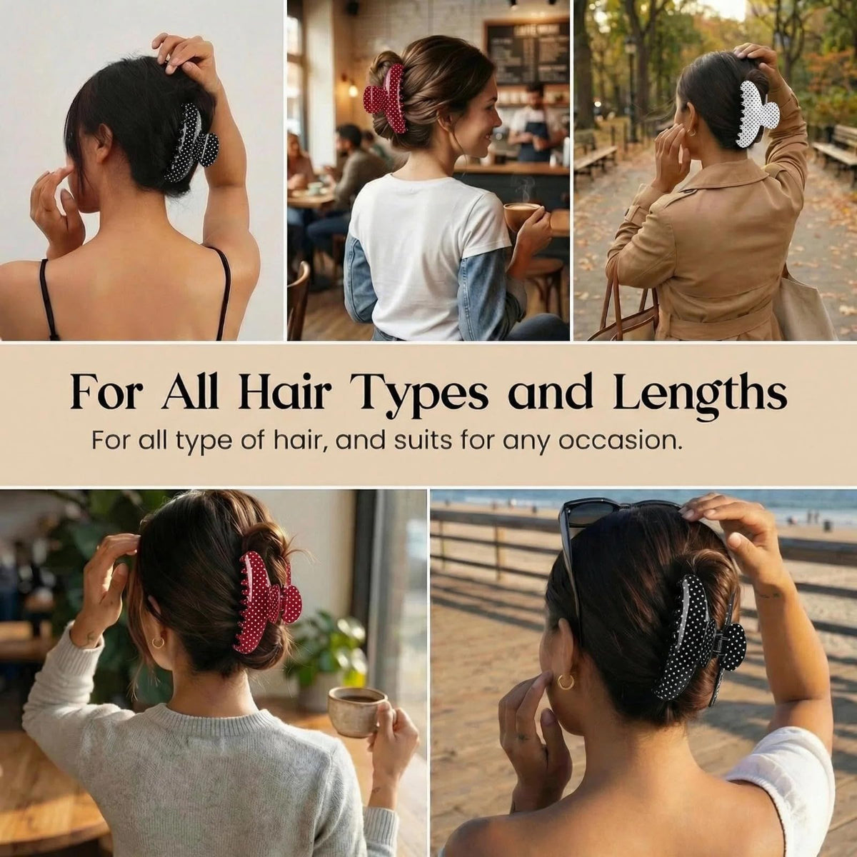 White polka dot clip side view matching light outfits while staying secure.