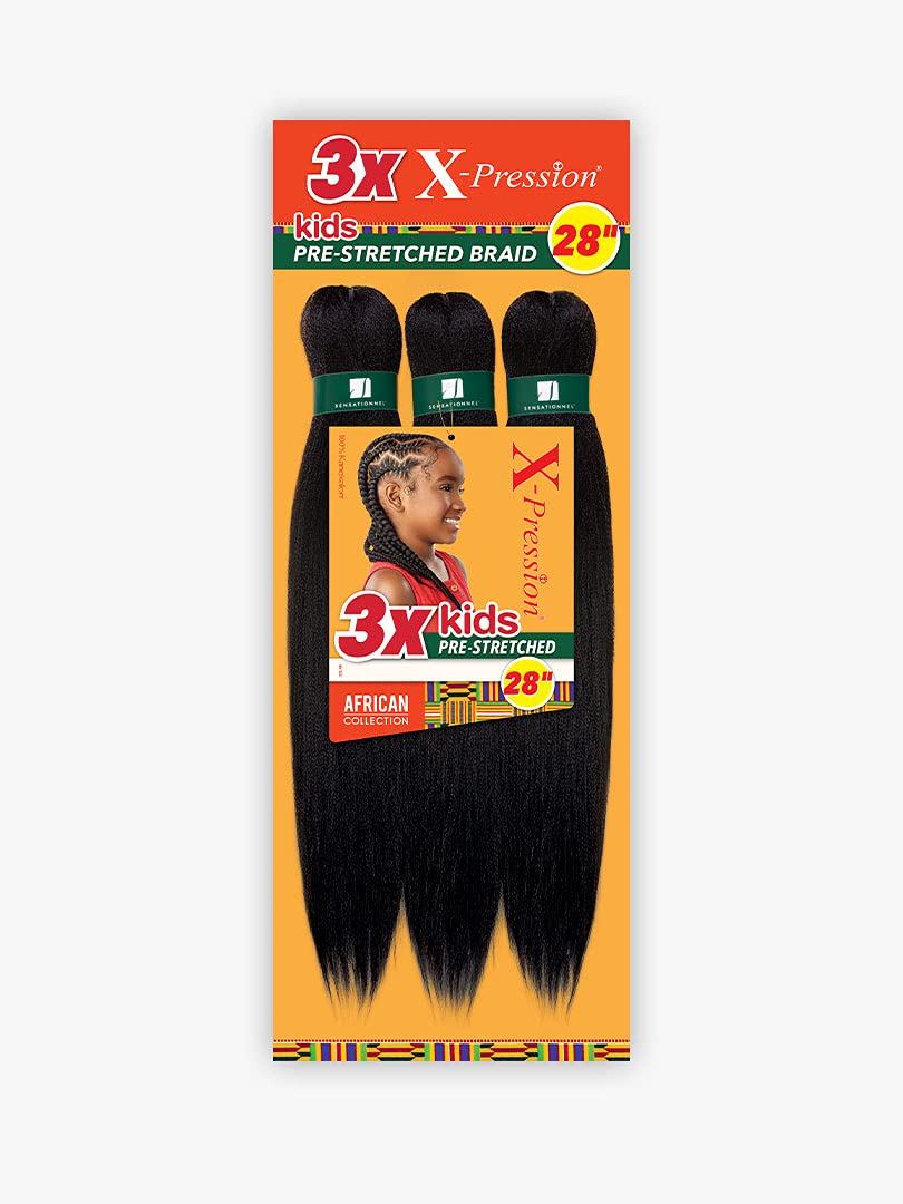 Front view of Sensationnel 3X X-PRESSION kids braids shows 28-inch length for dramatic, easy styling.