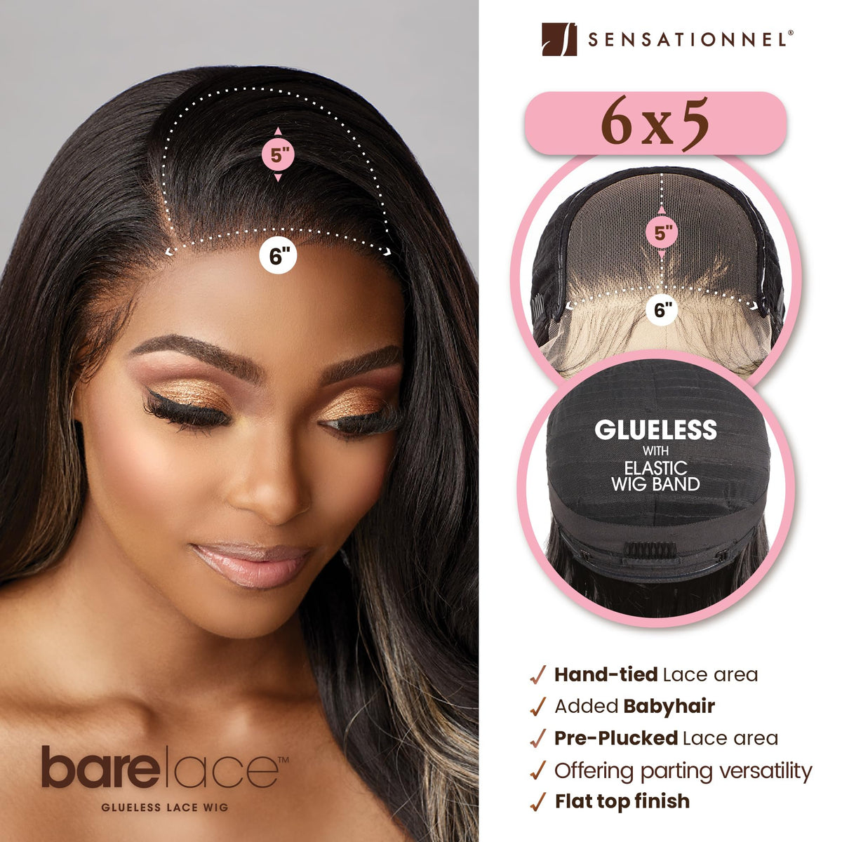 Sensationnel Bare Lace 6x5 side view highlights slim, breathable cap and glueless fit