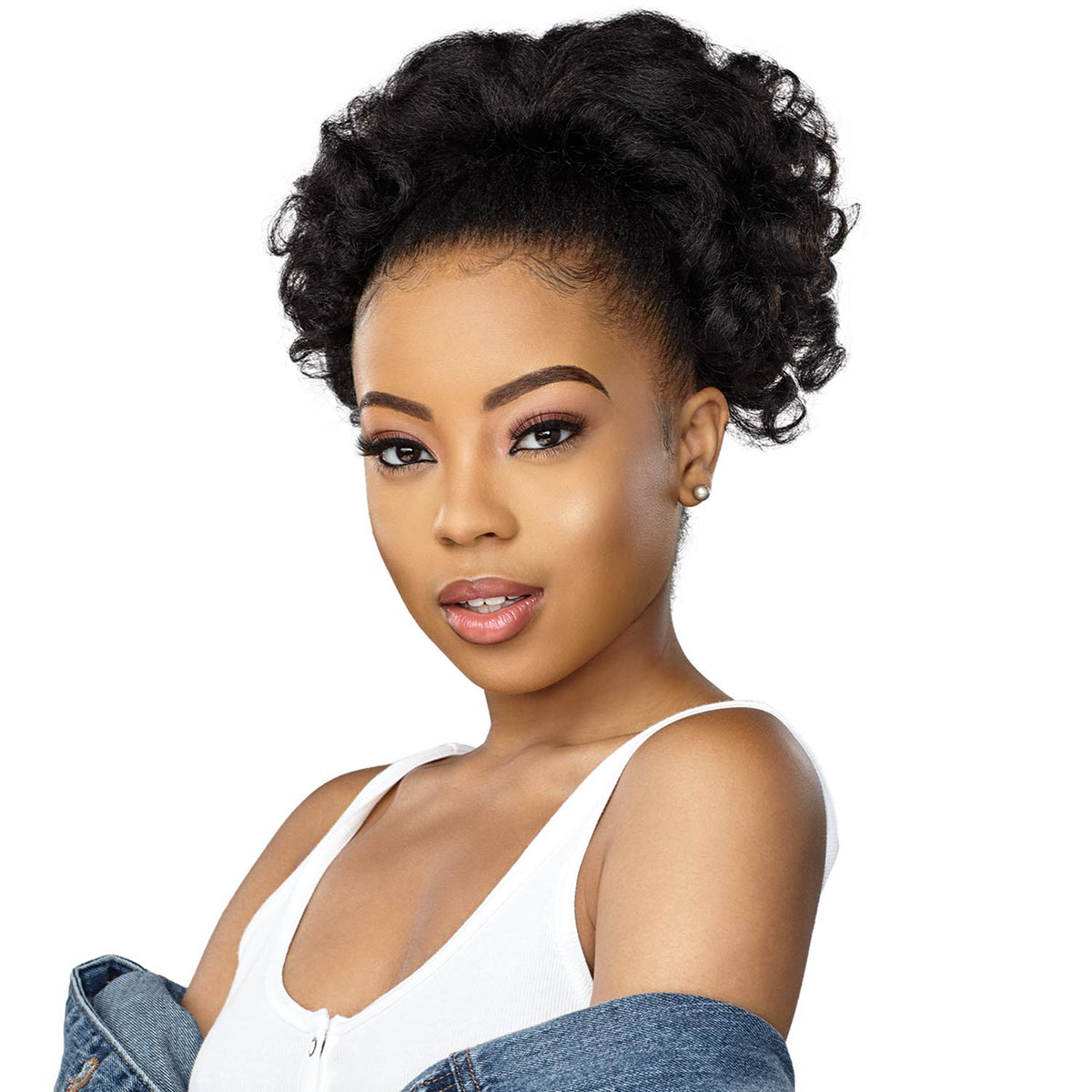 Sensationnel Curls Kinks and Co pony drawstring updo blends naturally with textured hair