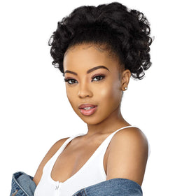 Sensationnel Curls Kinks and Co pony drawstring updo blends naturally with textured hair