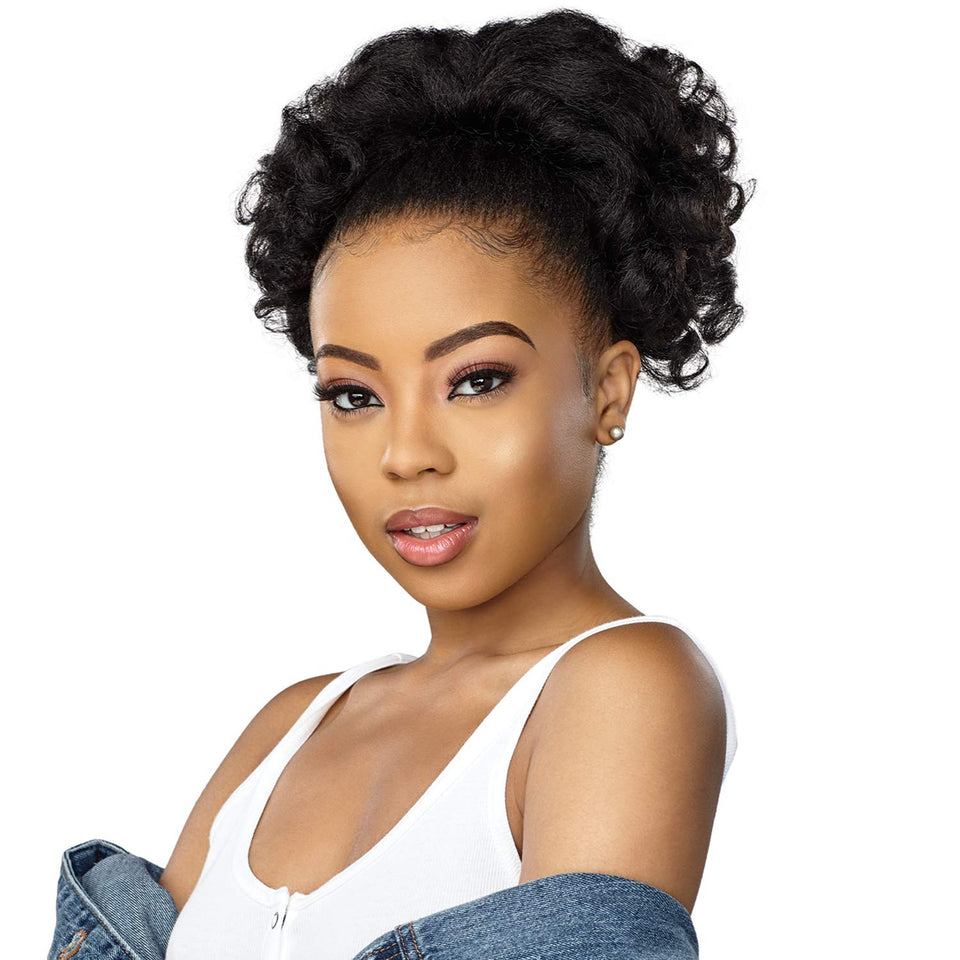 Sensationnel Curls Kinks and Co pony drawstring updo blends naturally with textured hair