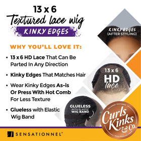 13x6 lace front cap on the wig with visible texture and edge detailing.