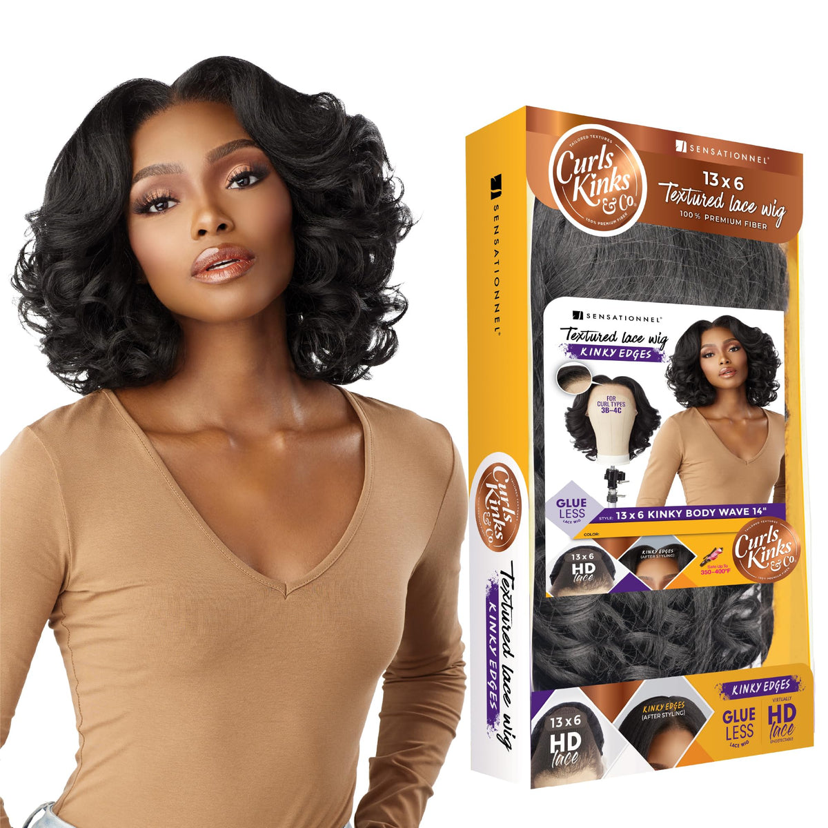 Sensationnel Curls Kinksandco wig front view with 14 inch lace front, easy daily wear