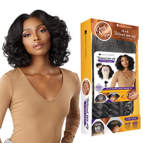 Sensationnel Curls Kinksandco wig front view with 14 inch lace front, easy daily wear