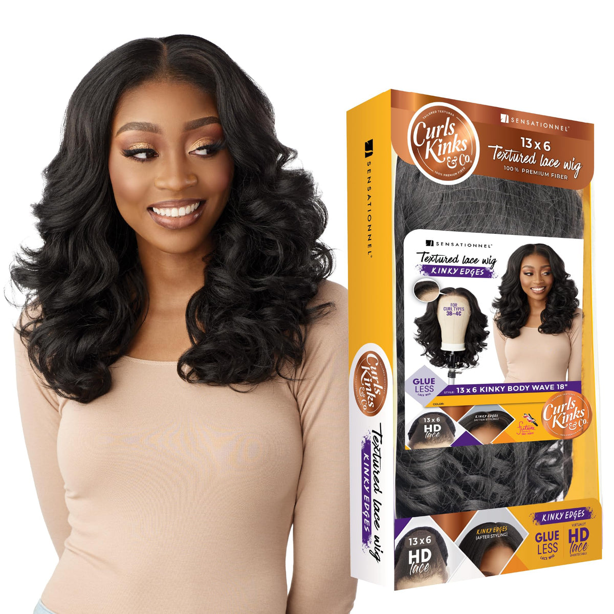 Sensationnel Curls Kinksandco wig front view with natural hairline and adjustable part.
