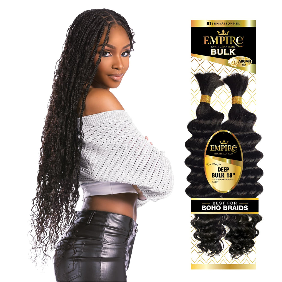 Sensationnel Empire Bulk braiding hair in jet black showing tangle-free texture for knotless styles.