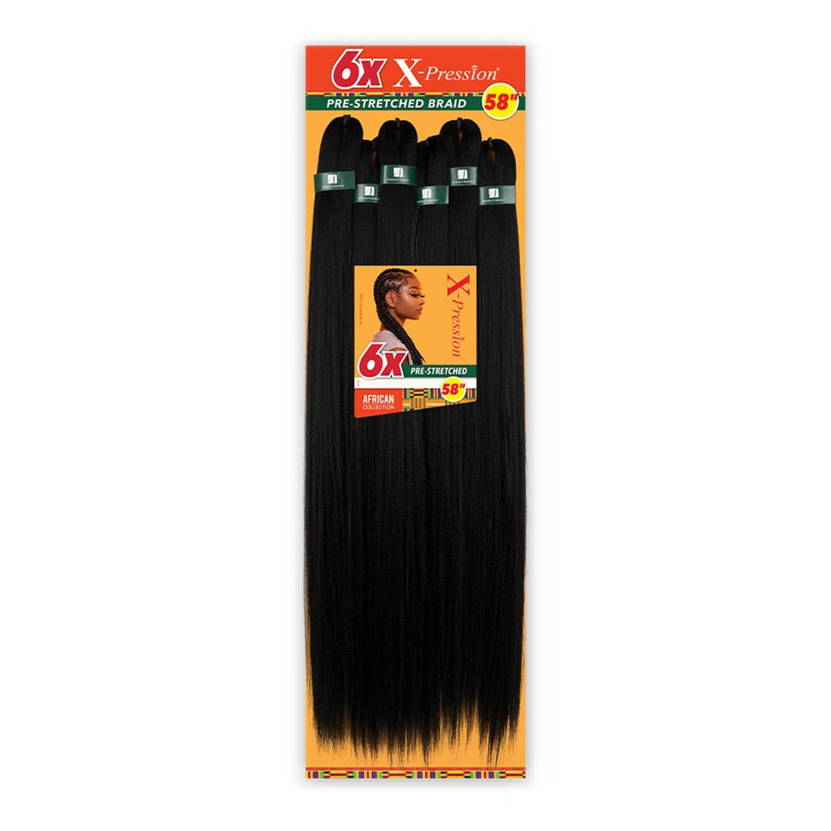 Sensationnel X-pression pre-stretched braid 58 inch close-up; smooth Kanekalon fibers for quick protective styling.