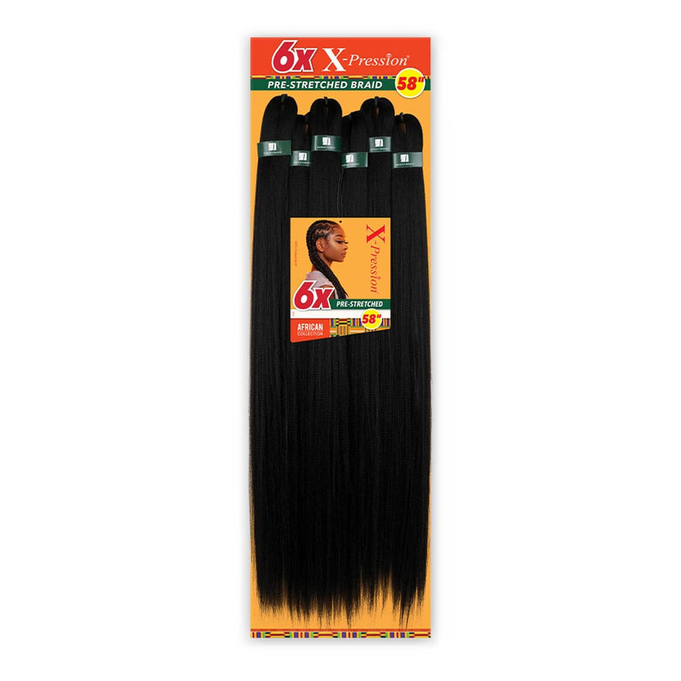 Sensationnel X-pression pre-stretched braid 58 inch close-up; smooth Kanekalon fibers for quick protective styling.