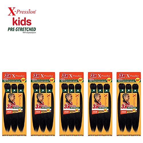Sensationnel X-PRESSION Kids braids 28in 5pack assembly highlights pre-stretched fibers for faster prep.