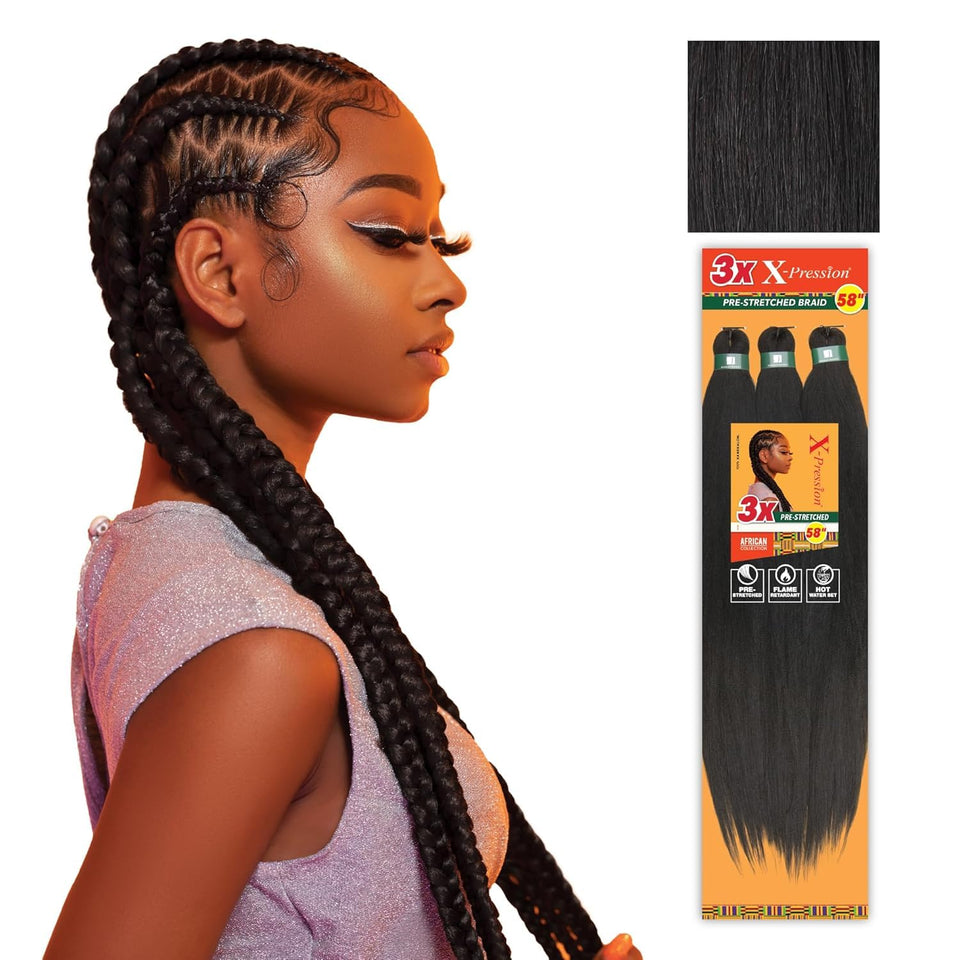 Sensationnel XPRESSION 3X pre-stretched braids, 58 inches, 5-pack, soft-touch fiber for easy styling.