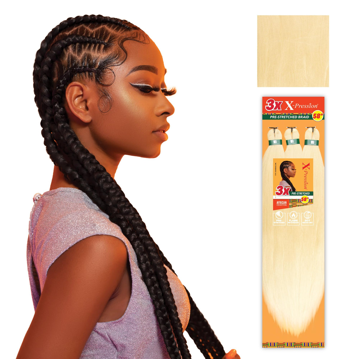 Sensationnel X-PRESSION 613 Blonde 58in braid close-up, soft touch for box braids.