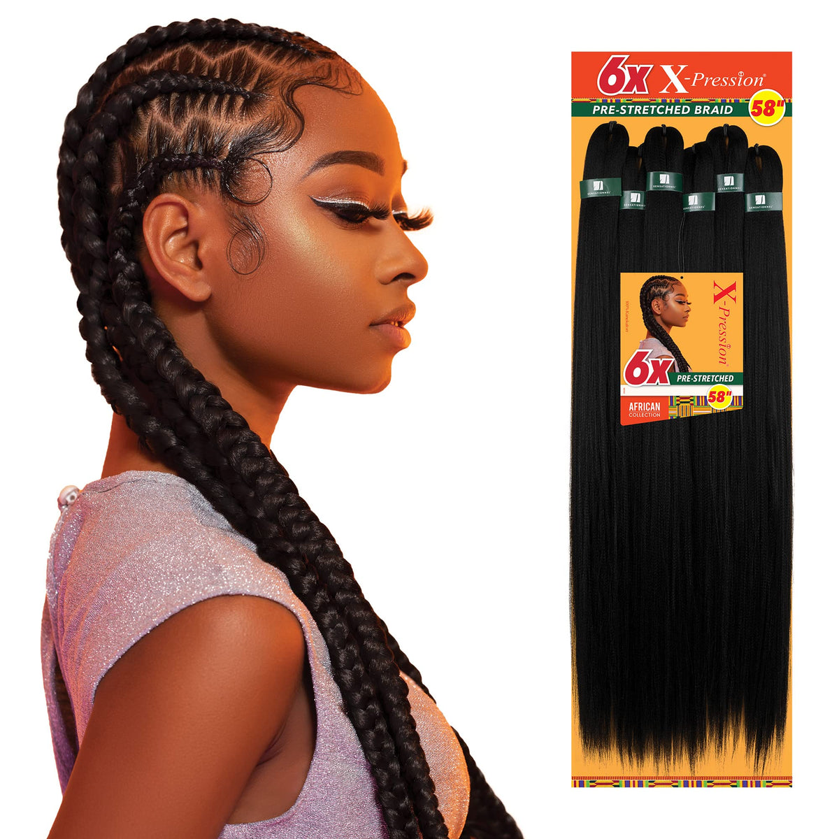 Sensationnel X-pression honey blonde 58in braids shown from the side view