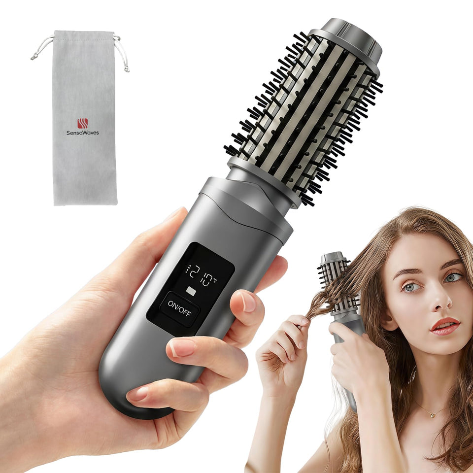 Sensawaves cordless hair straightener brush with LCD display for quick styling on the go.
