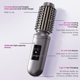 Sensawaves mini curling brush heats in 30 seconds for fast styling.