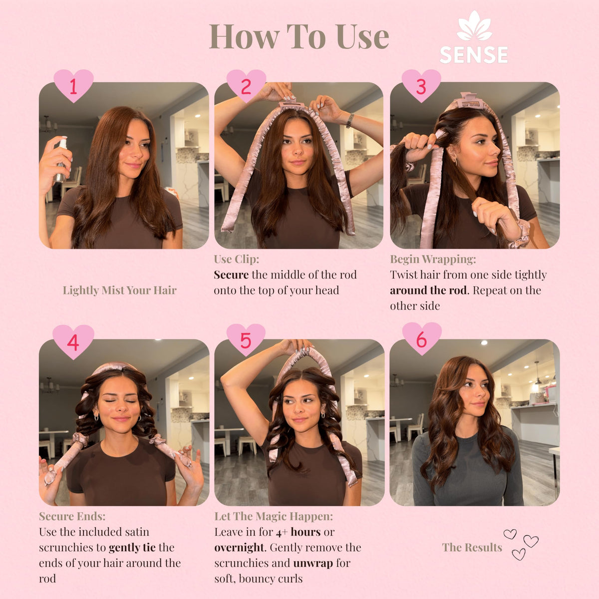 Sense Wellness satin heatless curling kit with two scrunchies and claw clip for easy styling.