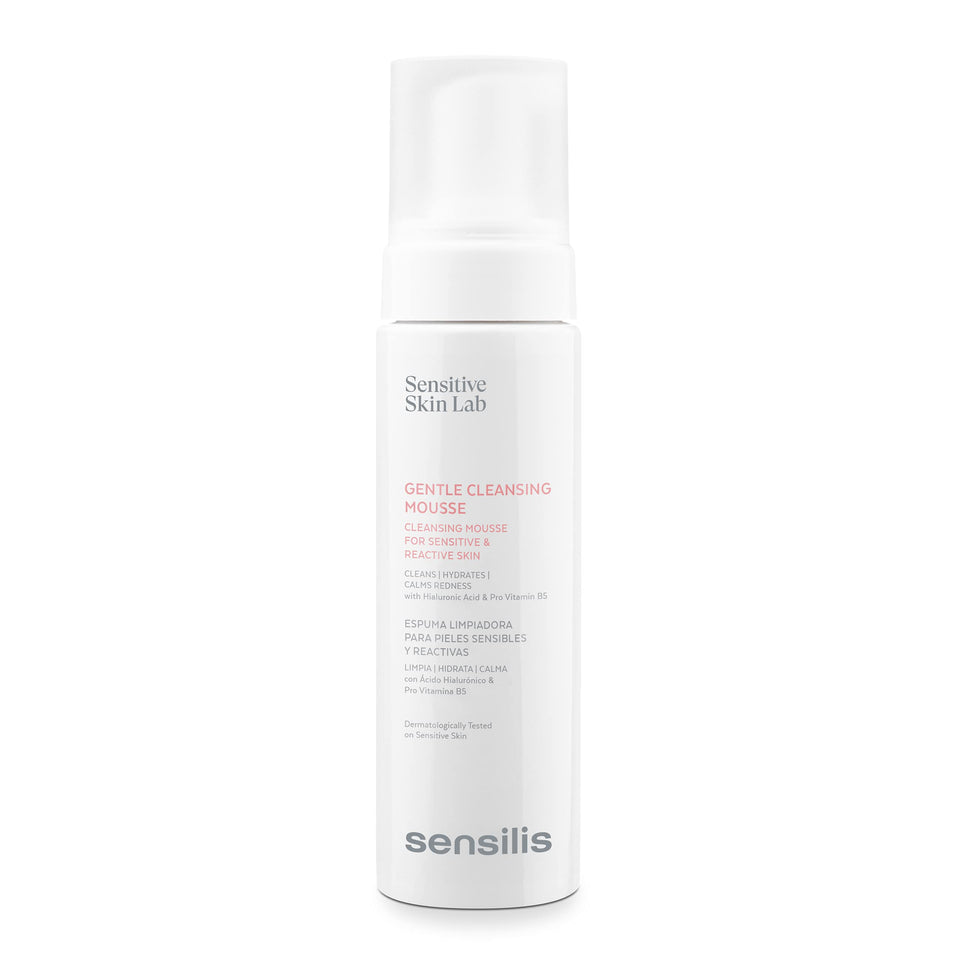 Sensilis Gentle Cleansing Mousse bottle with pump, ideal for sensitive skin cleansing.