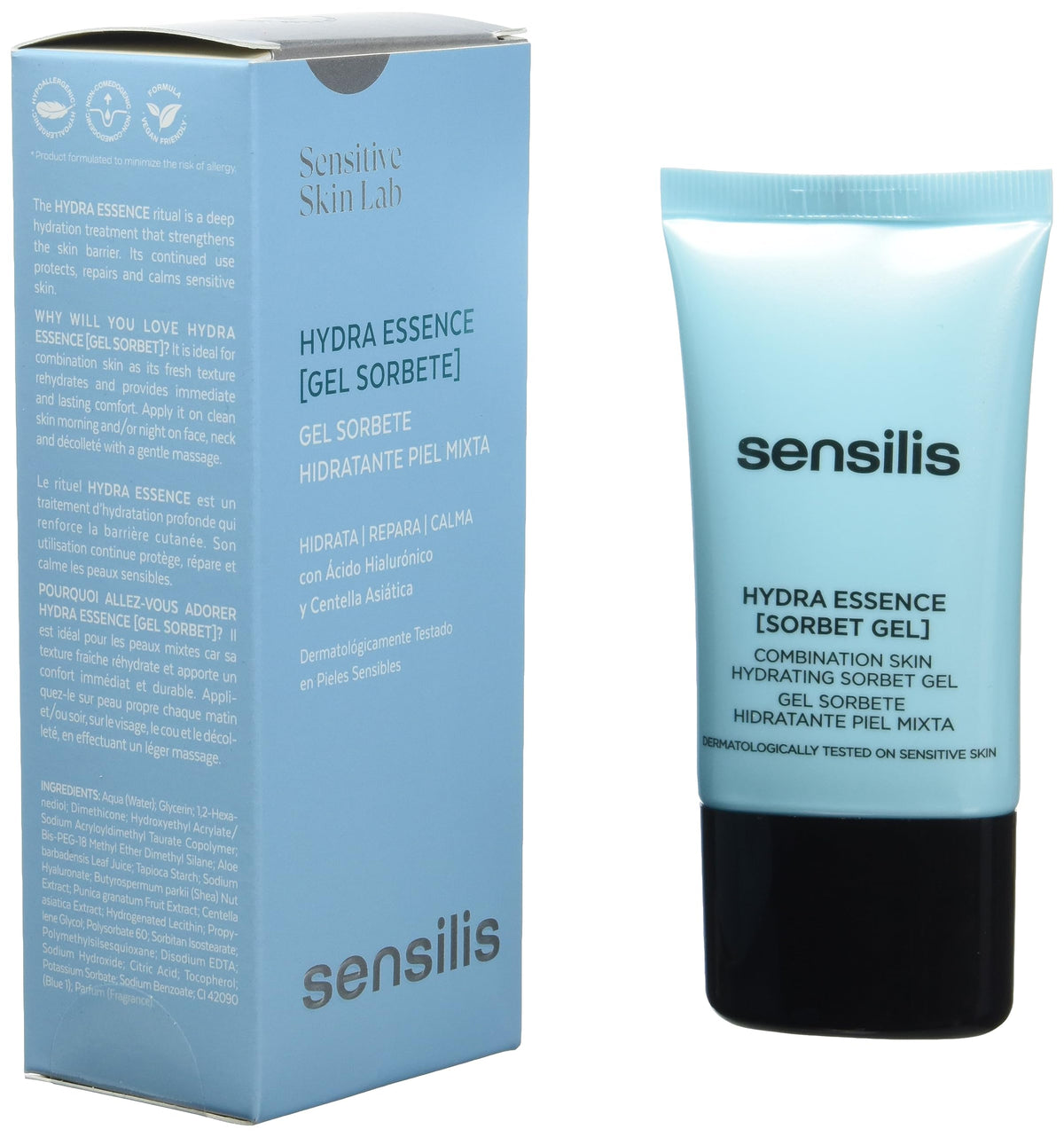 Packaging shot emphasizing dermatologist-tested, hypoallergenic formula for sensitive skin.