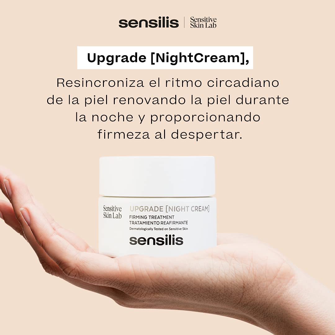 Sensilis Upgrade Night Cream hypoallergenic packaging signals skin-friendly nightly formula.