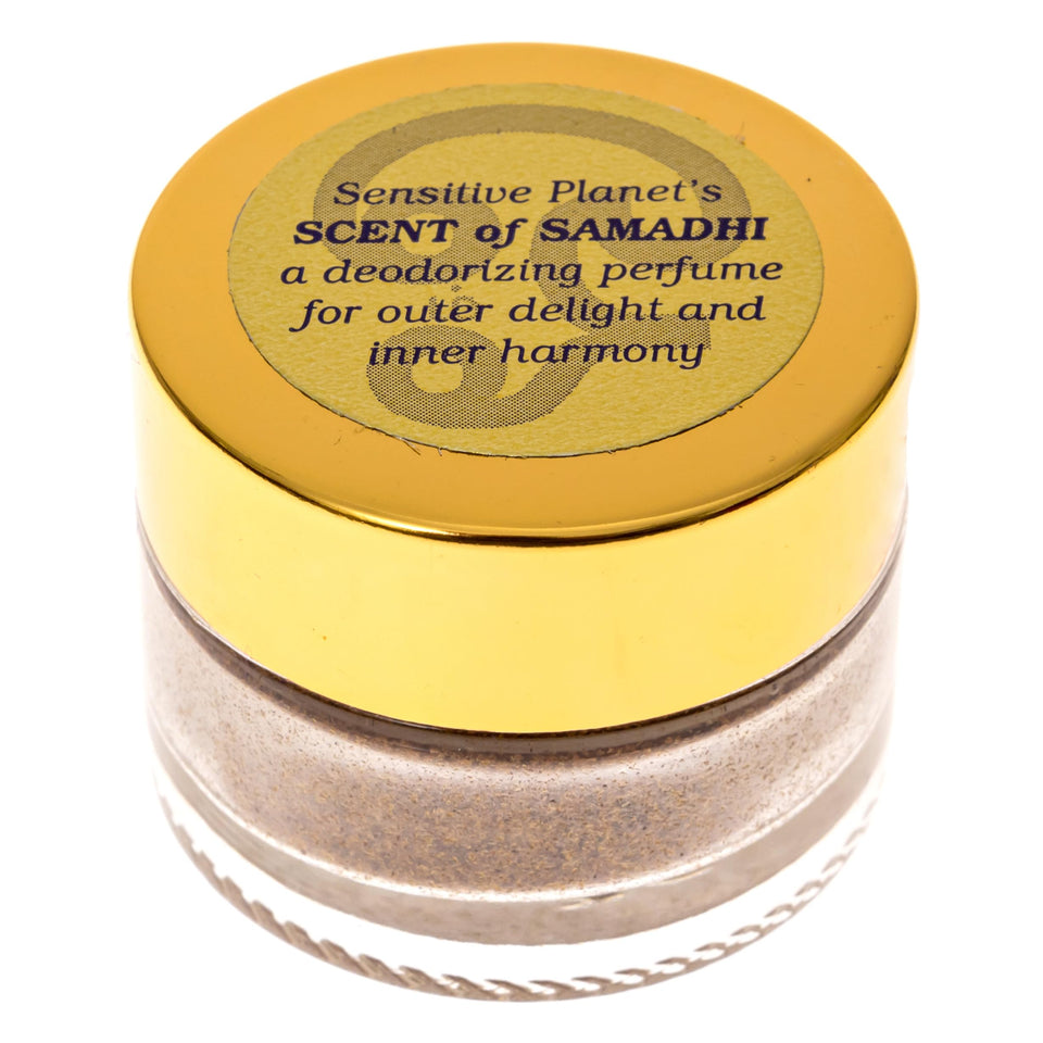 Sensitive Planet Scent of Samadhi powder jar with natural, long-lasting fragrance.