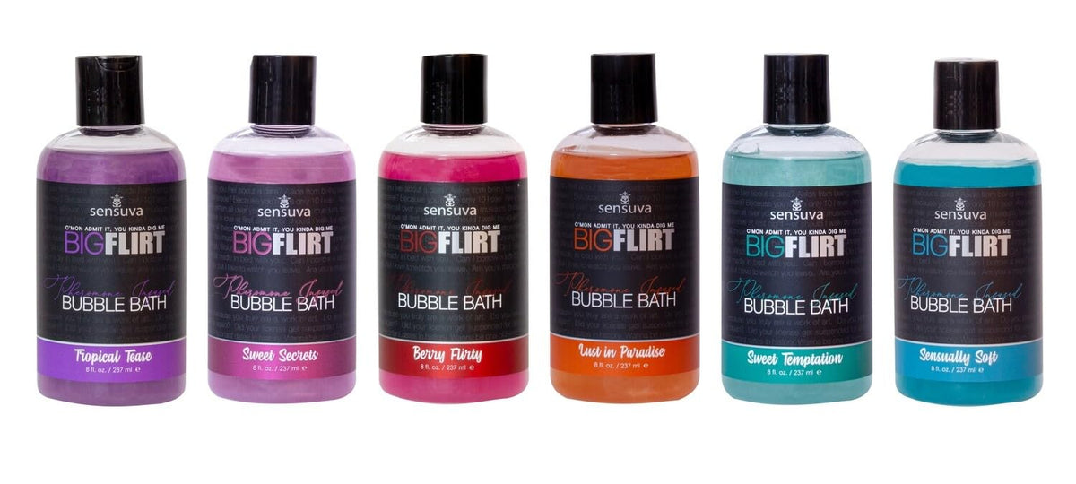 Sensuva Big Flirt Bubble Bath foamy bubbles create a relaxing, hydrating soak.