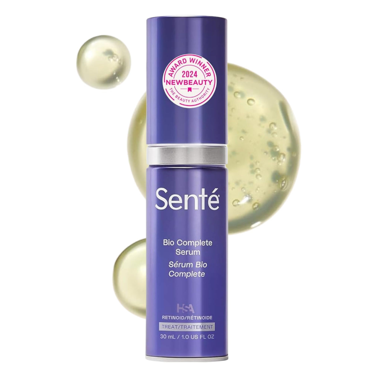 Sente Bio Complete Serum bottle showing gentle retinoid for sensitive skin
