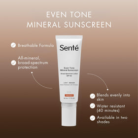 Sente Even Tone sunscreen back shows reef-safe mineral formula and gentle protection.
