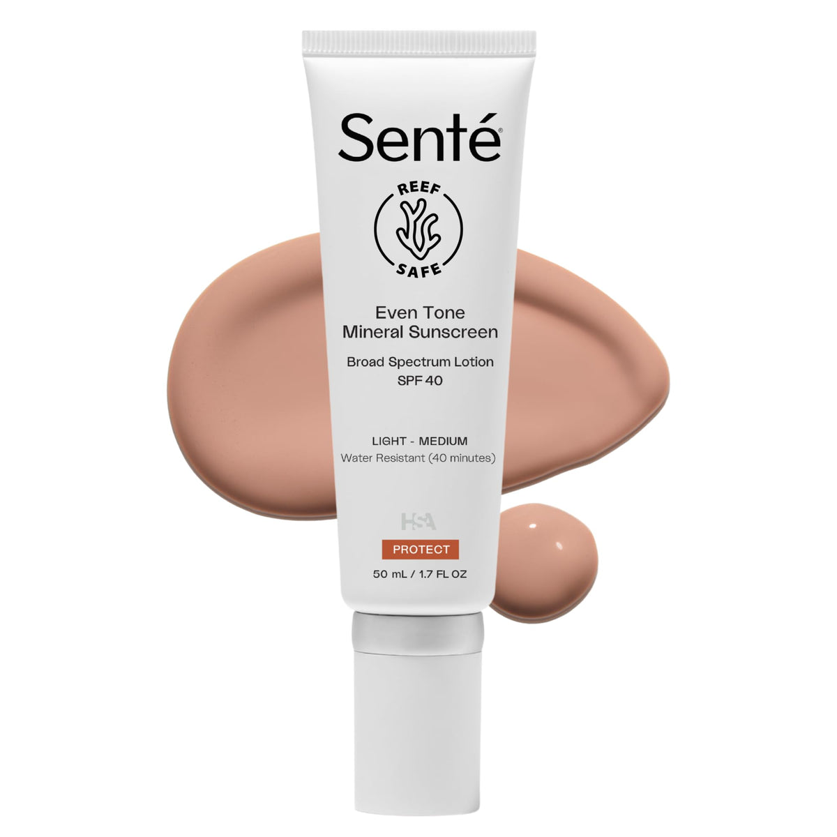 Sente Even Tone sunscreen bottle front, SPF 40 and hydrating formula.