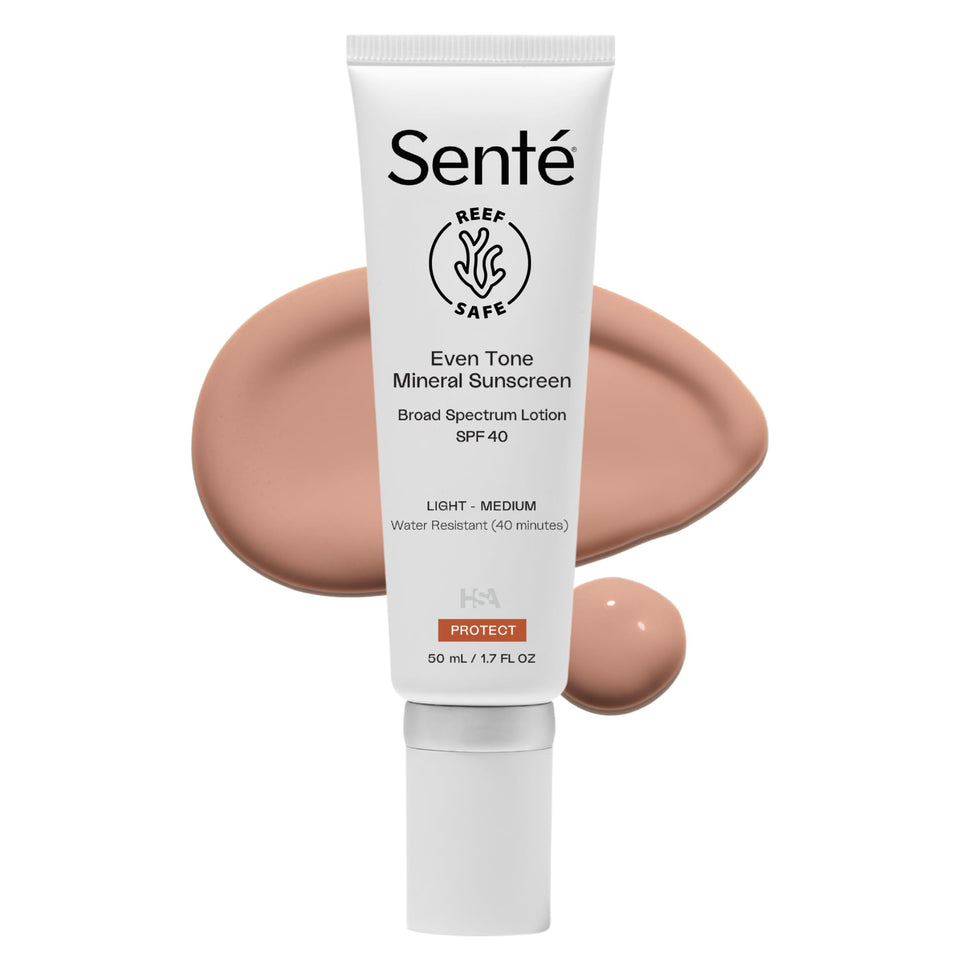 Sente Even Tone sunscreen bottle front, SPF 40 and hydrating formula.