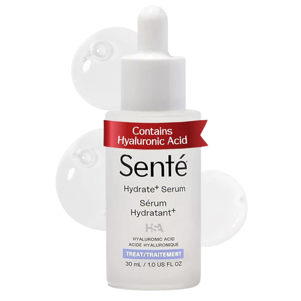 Sente Hydrate+ Serum bottle front showcases compact, fast-absorbing hydration for daily use