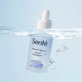 Sente Hydrate+ Serum flatlay with bottle and drops supports routine planning