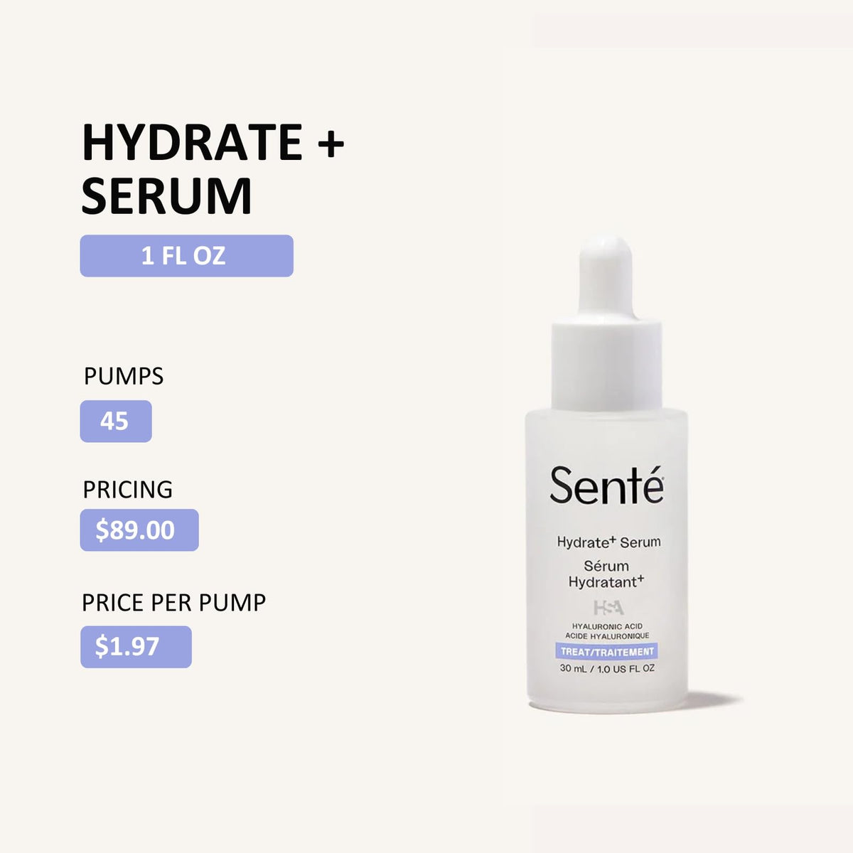Sente Hydrate+ Serum texture closeup demonstrates lightweight, fast-absorbing hydration
