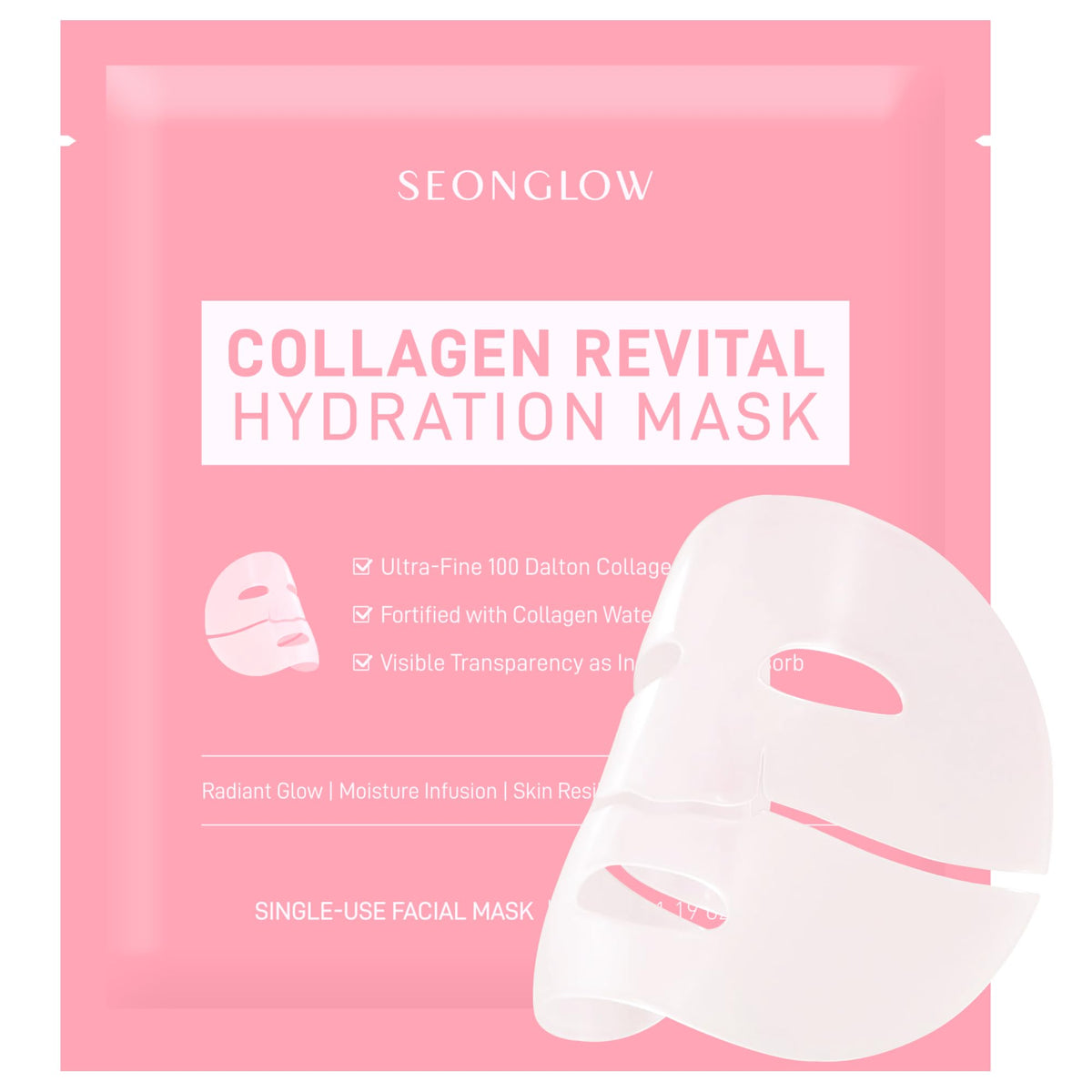 SEONGLOW Collagen Hydration Mask packaging highlights premium Korean beauty and hydration