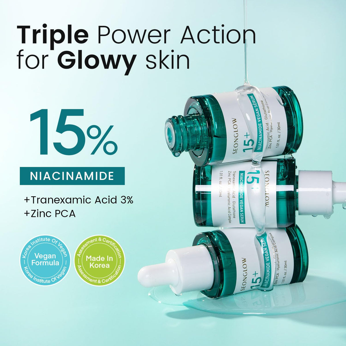 Close-up of SEONGLOW serum texture on skin for a smooth, hydrated feel