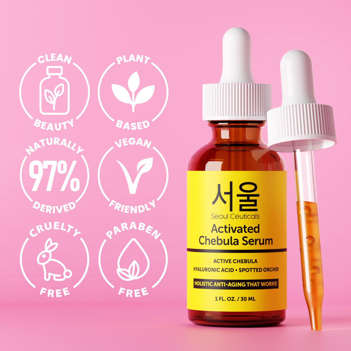 SeoulCeuticals Chebula Active Serum label closeup signals premium Korean skincare