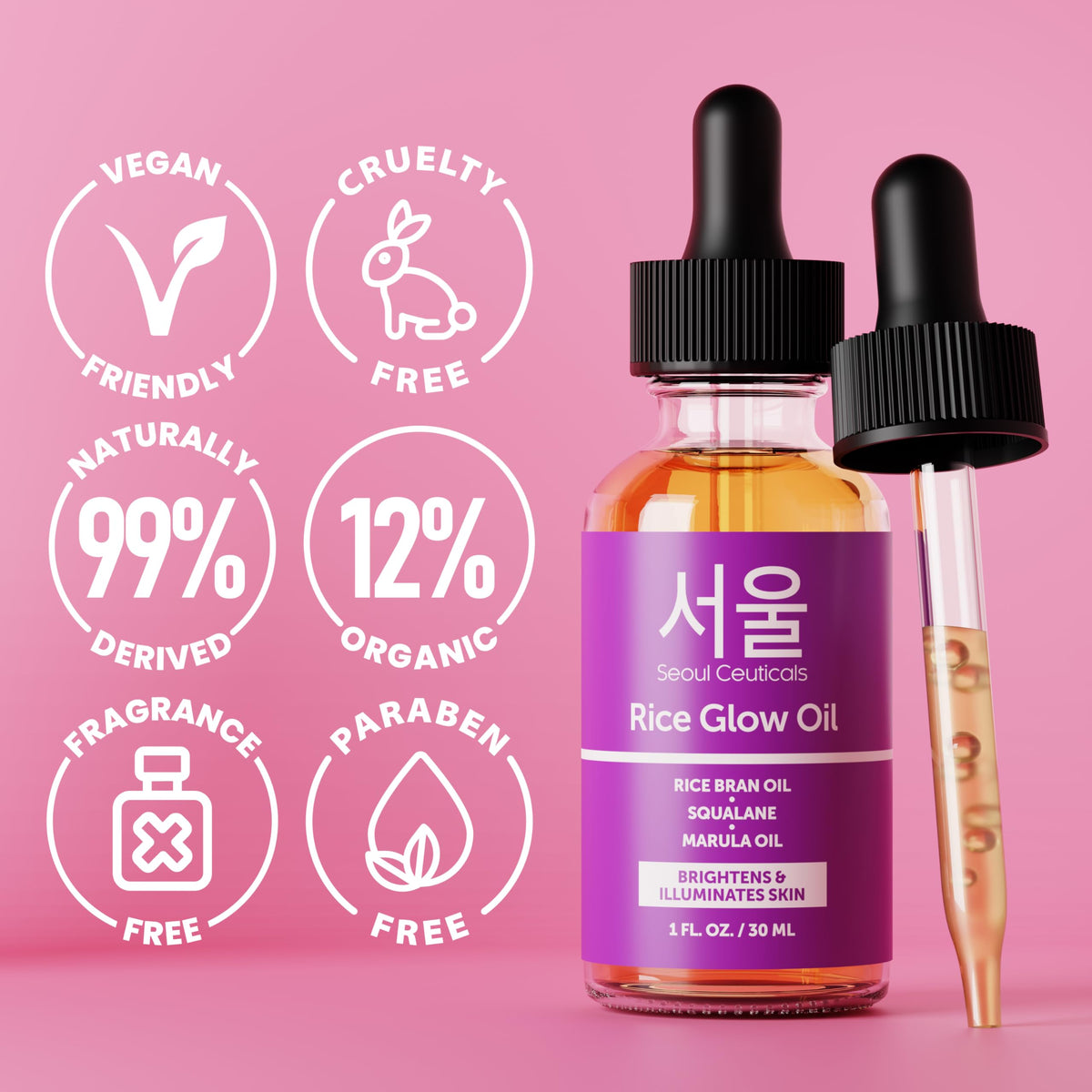 SeoulCeuticals Rice Bran Oil facial application shows natural dewy glow.