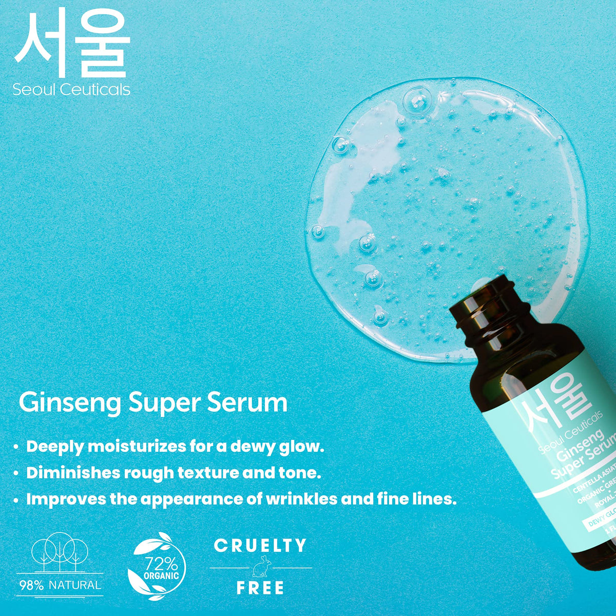 SeoulCeuticals green tea serum bottle highlights lightweight, refreshing texture for daily use.