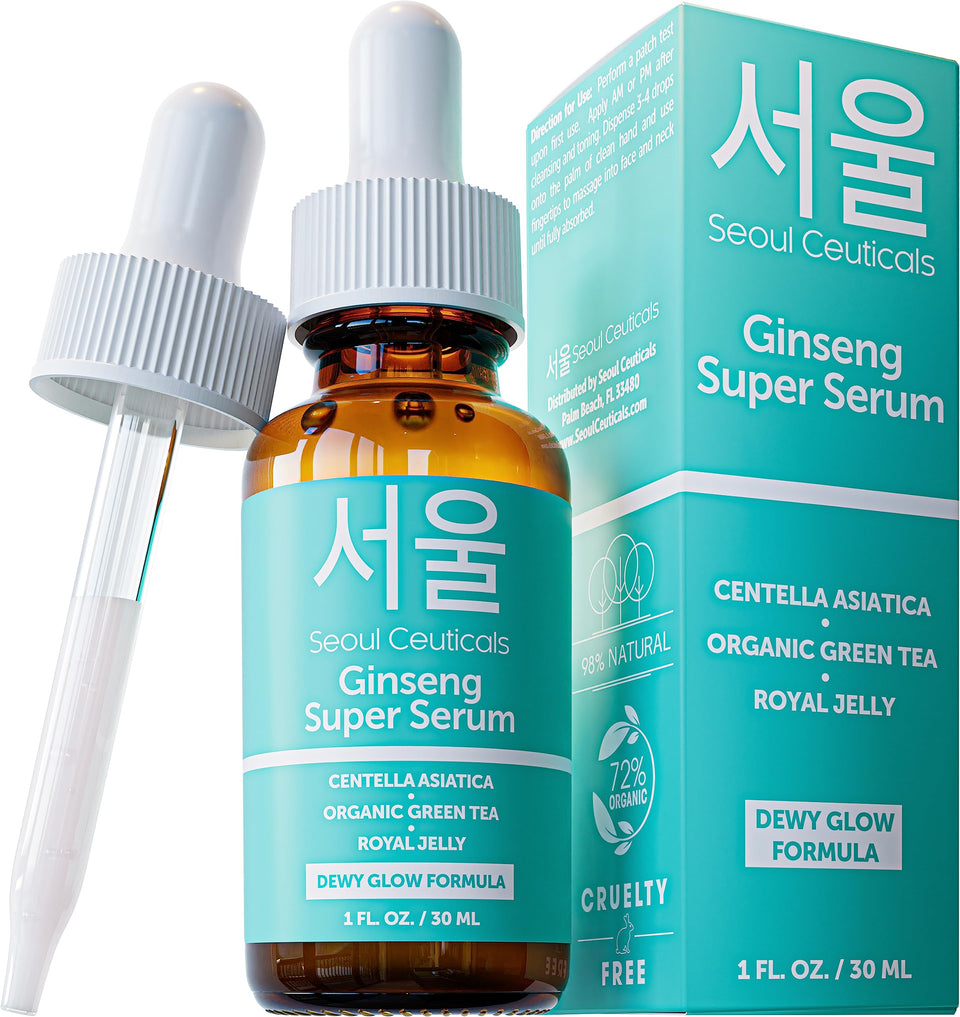 SeoulCeuticals Korean ginseng serum bottle provides hydration for a dewy glow.