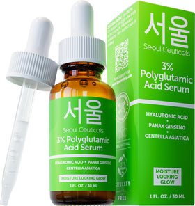 SeoulCeuticals polyglutamic acid serum bottle demonstrating lasting hydration