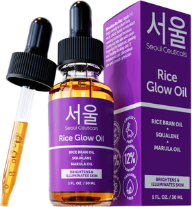 SeoulCeuticals Rice Bran Oil bottle closeup for radiant, hydrated skin.