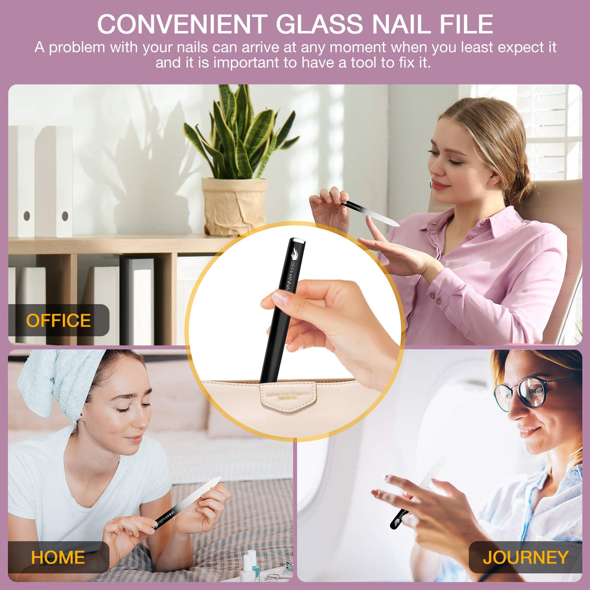 SEPHANNA crystal glass nail file in purple case offers smooth buffing and shaping