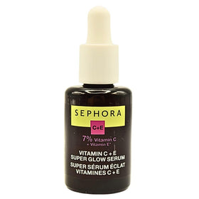 SEPHORA Super Glow Serum bottle highlights vitamin C+E for radiant, even-toned skin.